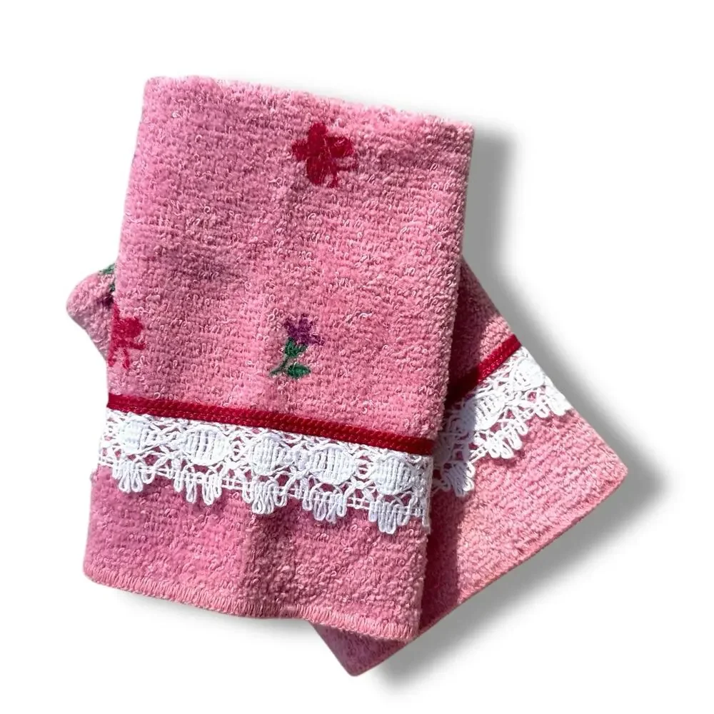 Vtg Dundee Brand Lace Trim Pink Face Cloth Cotton Floral Butterfly Cottage New